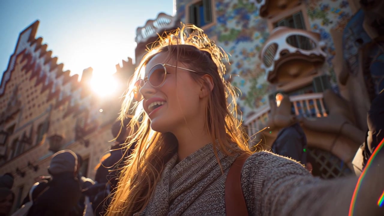 Filmato di lifestyle di viaggio di una giovane donna felice che si scatta un selfie all'aperto a Barcellona, Spagna, con architettura colorata in stile Gaudí e una calda retroilluminazione al tramonto.