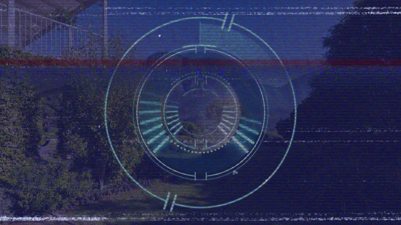 Animation of futuristic digital interface overlaying landscape with trees and sky