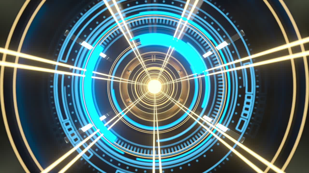 túnel oscuro con elementos de hud brillantes, renderización en 3d.