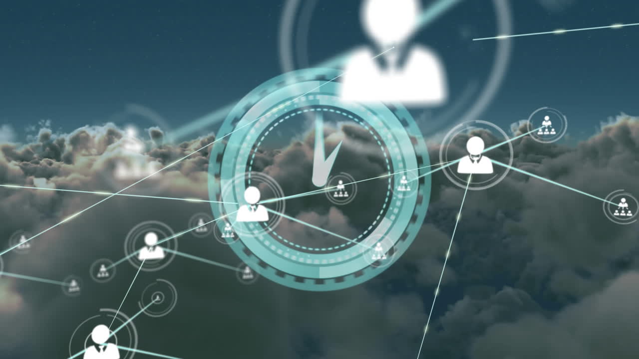 시계 위에서 사람 아이콘과 연결된 네트워크의 애니메이션