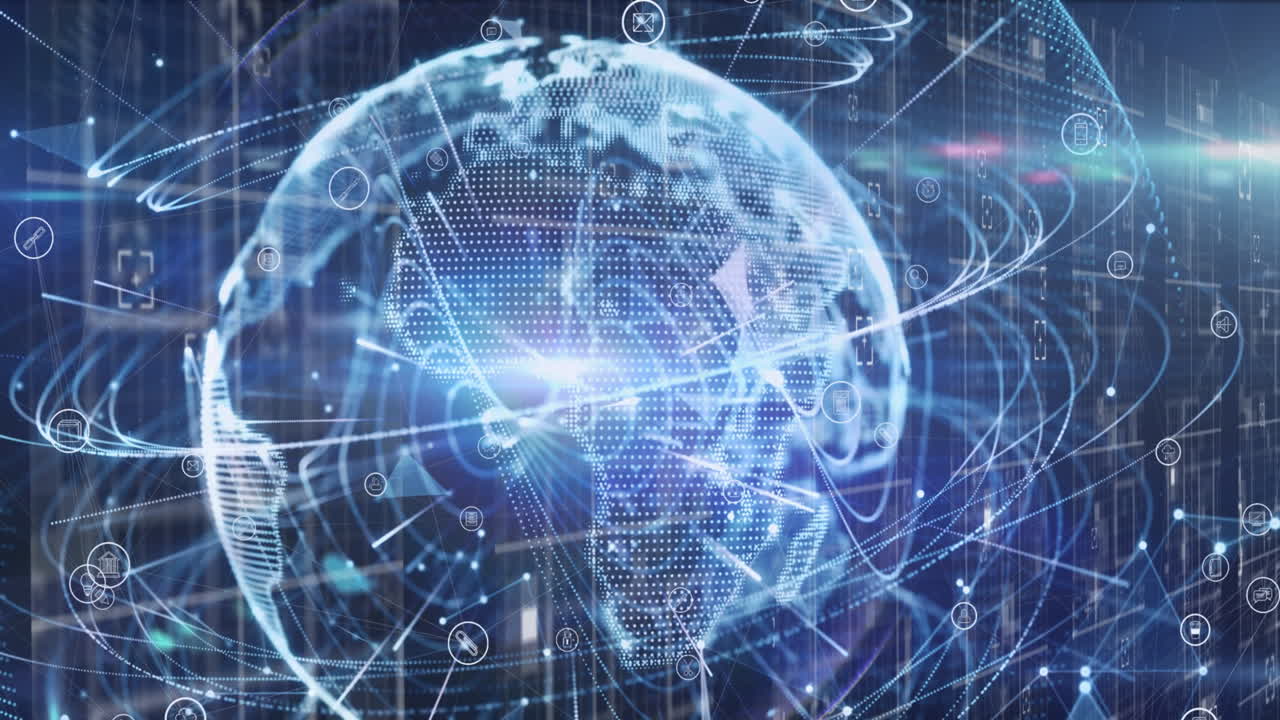 Network of connections and light trails over globe against spot of light on blue background