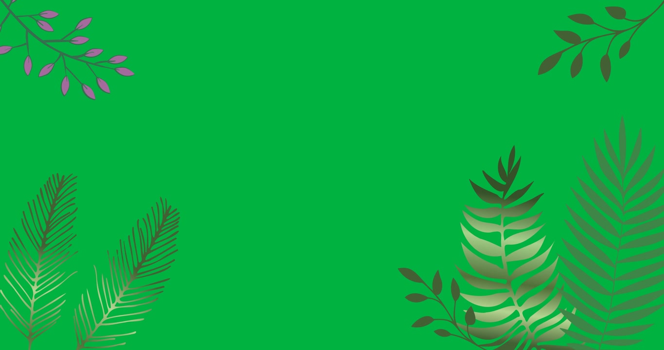 Digital animation of green leaves icons with copy space on black background