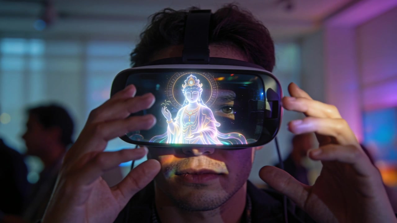 Uomo adulto che alza le mani e regola il visore VR a una dimostrazione, mentre appare un ologramma e il visore si illumina.