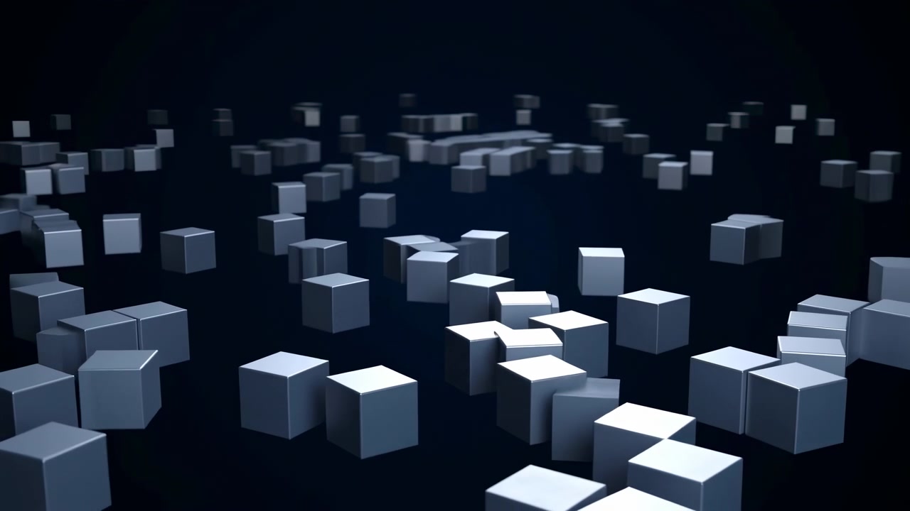 Dark Field Of Floating Cubes, Dim Blue Studio Lighting, Modular Blocks Drifting Across Reflective Floor,