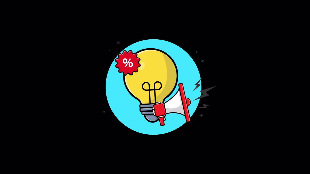 Lampadina animata con megafono e simbolo di sconto percentuale