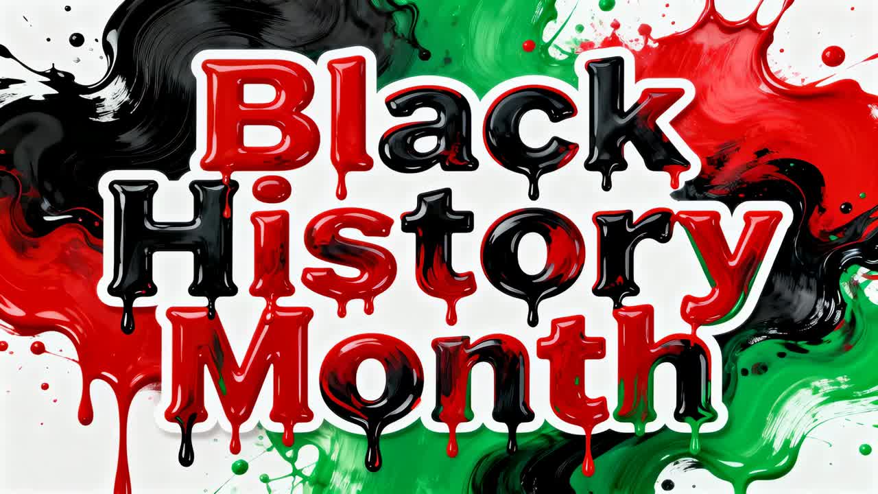 Revealing Black History Month text dripping on studio banner frame one open marbled black red green
