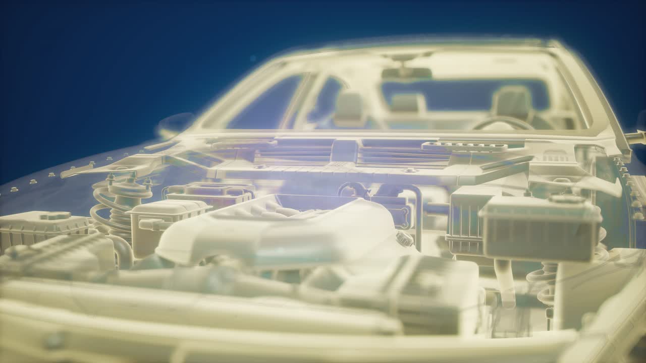 엔진이 있는 3d 와이어프레임 자동차 모델의 홀로그래픽 애니메이션