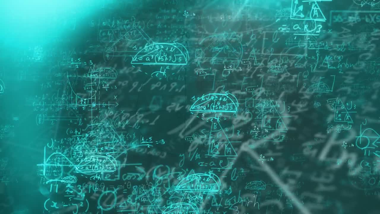 Digital animation of spots of light and mathematical equations against black background