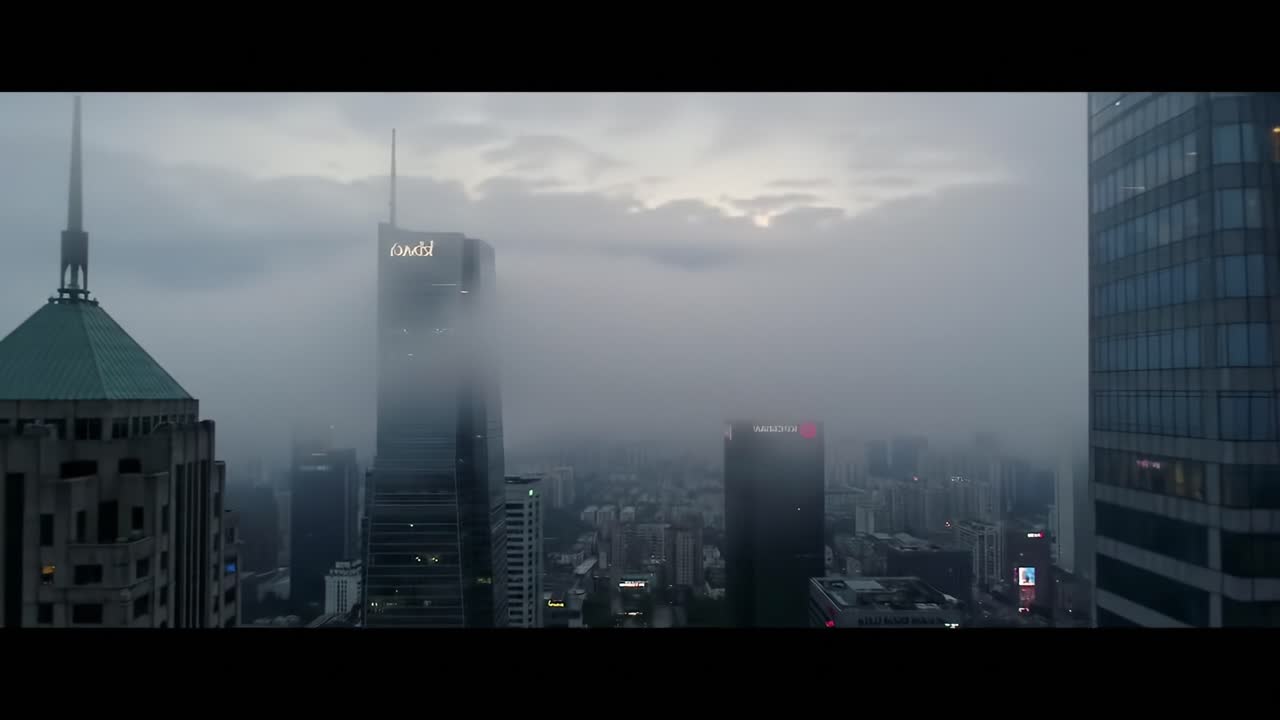 Aerial View of a Cityscape Shrouded in Misty Fog, Illuminated by Fading Light, Capturing the Ethereal Beauty of Urban Architecture and Skyline