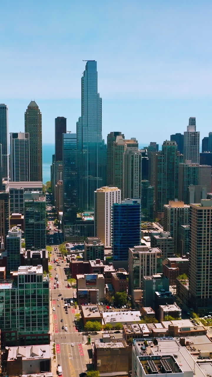 Densely built quarters of Chicago city. Vibrant and diverse architecture of modern metropolis. Blue sky and lake backdrop. Vertical video