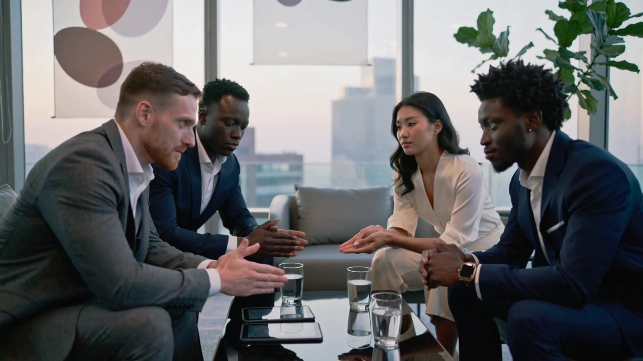 Gesturing left man leading discussion in high-rise lounge, in business attire with tablet and water