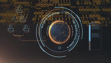 Animation-of-globe-with-binary-coding-and-data-processing-over-dark-background