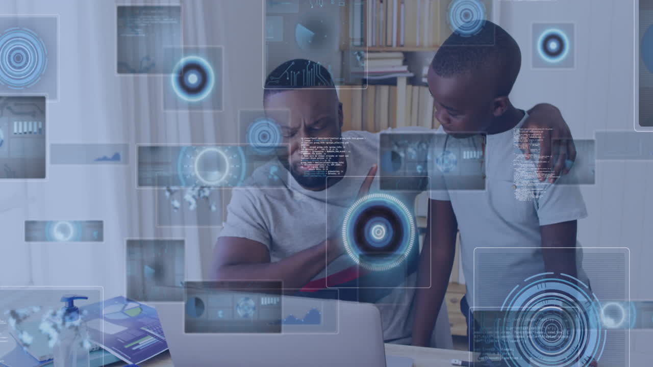Animation of data processing over african american father and son using laptop discussing at home