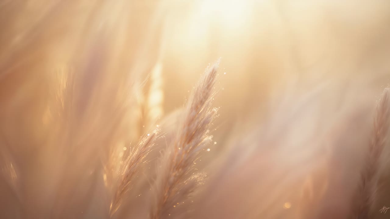Pulling camera revealing upright cluster of dried grass seed heads to show sunlit meadow bokeh