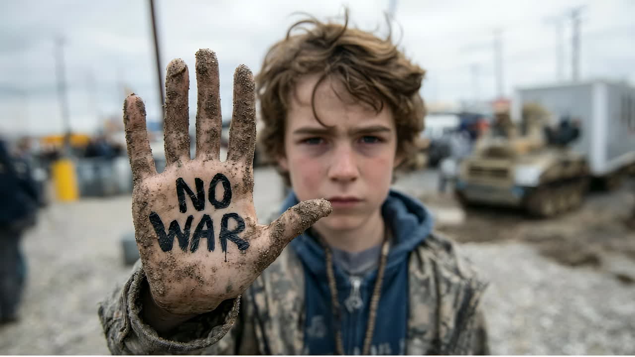 Youth activist calls for peace. A young boy shows a dirty hand with NO WAR during a peace rally amid a tense atmosphere
