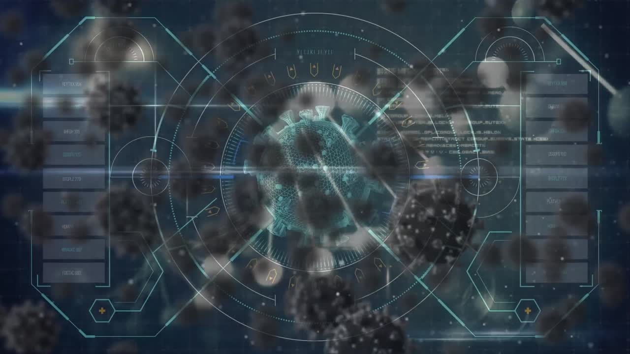 Animazione di cellule Covid-19 ed elaborazione dati su filamento di DNA
