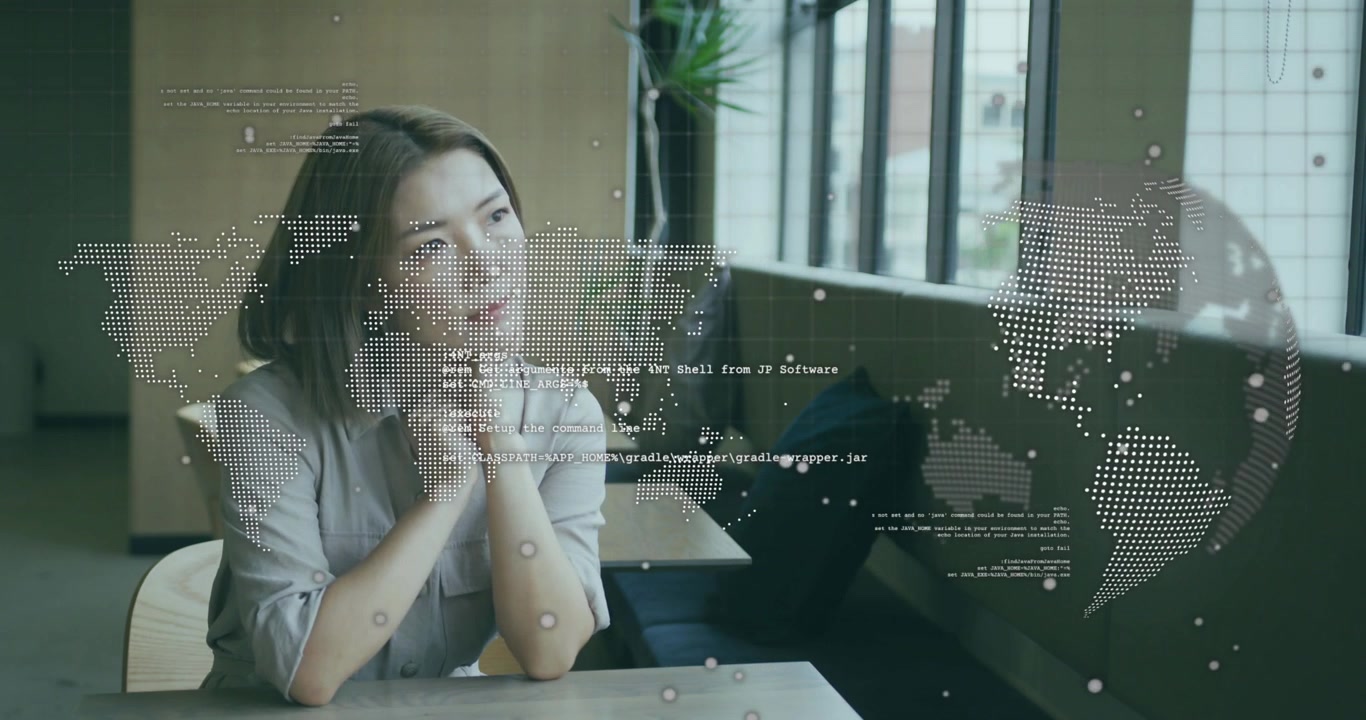 Woman resting chin on fingers initiating digital world-map overlay and code text for tech analysis
