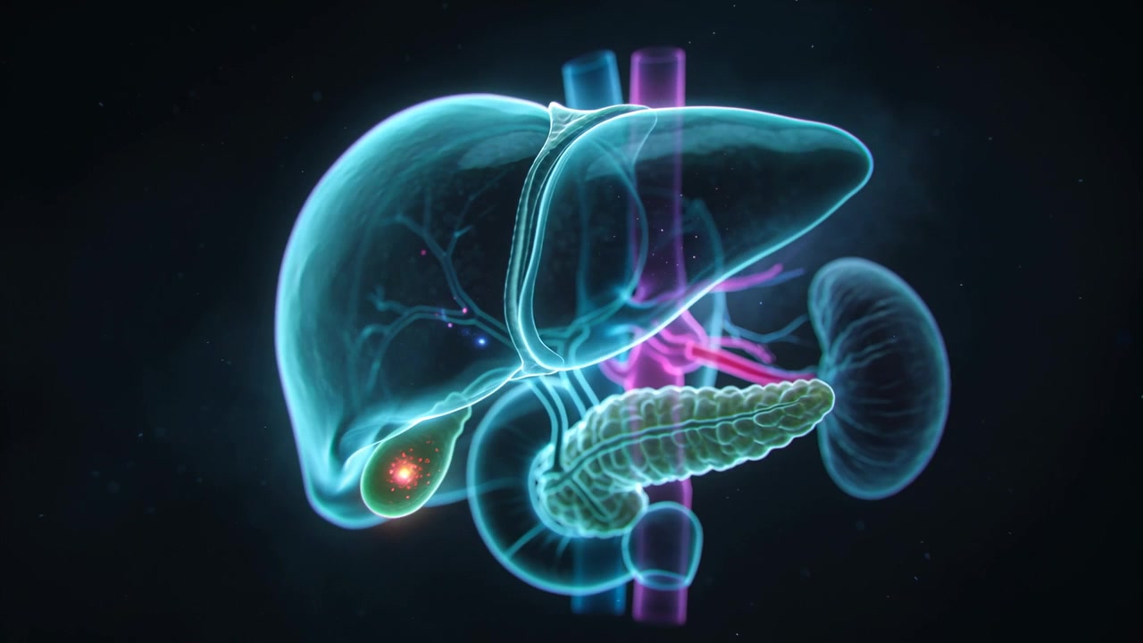 Rotating on cue liver model revealing bile ducts, pancreas on black, gallbladder red focus to teach