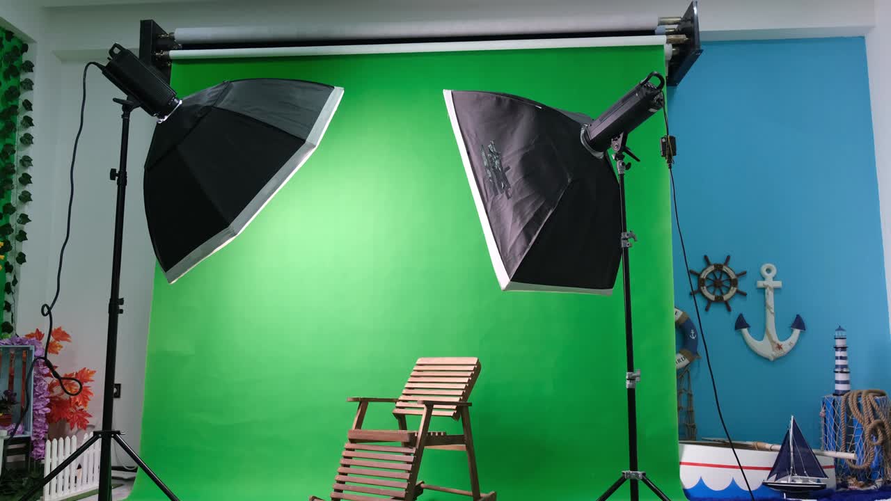 estudio de fotos o video con dos luces de estudio hexagonal. pantalla verde y silla fija