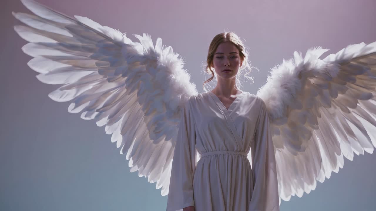 A serene, ethereal video scene of a woman with angel wings, captured from a front-facing angle
