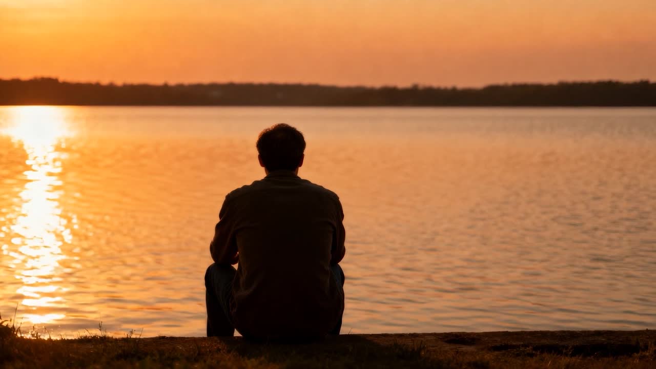 Un uomo seduto in camicia casual e jeans guarda il sole che cala sulla tranquilla riva del lago, riflettendosi.