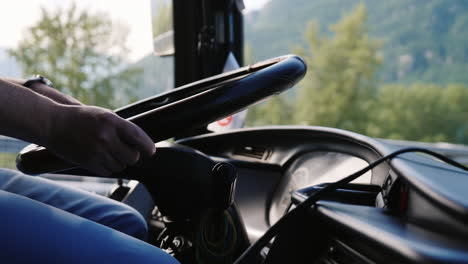 Close-Up-Of-The-Steering-Wheel-Of-The-Bus