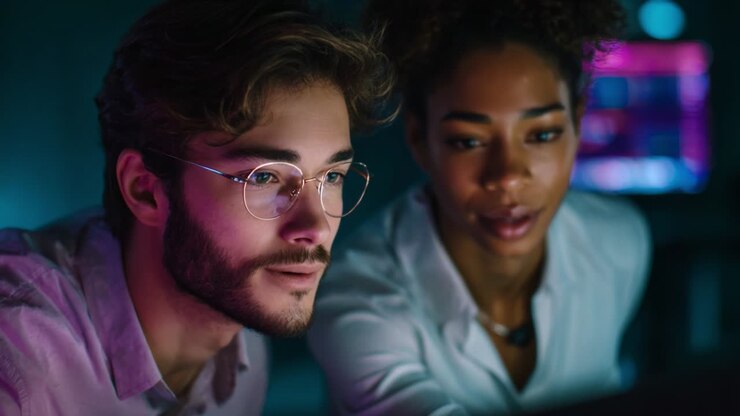 Intense Collaboration: Two Young Professionals Analyzing Data and Innovations on a Digital Screen, Highlighting Technology, Focus, and Teamwork in a Vibrant Workspace Setting