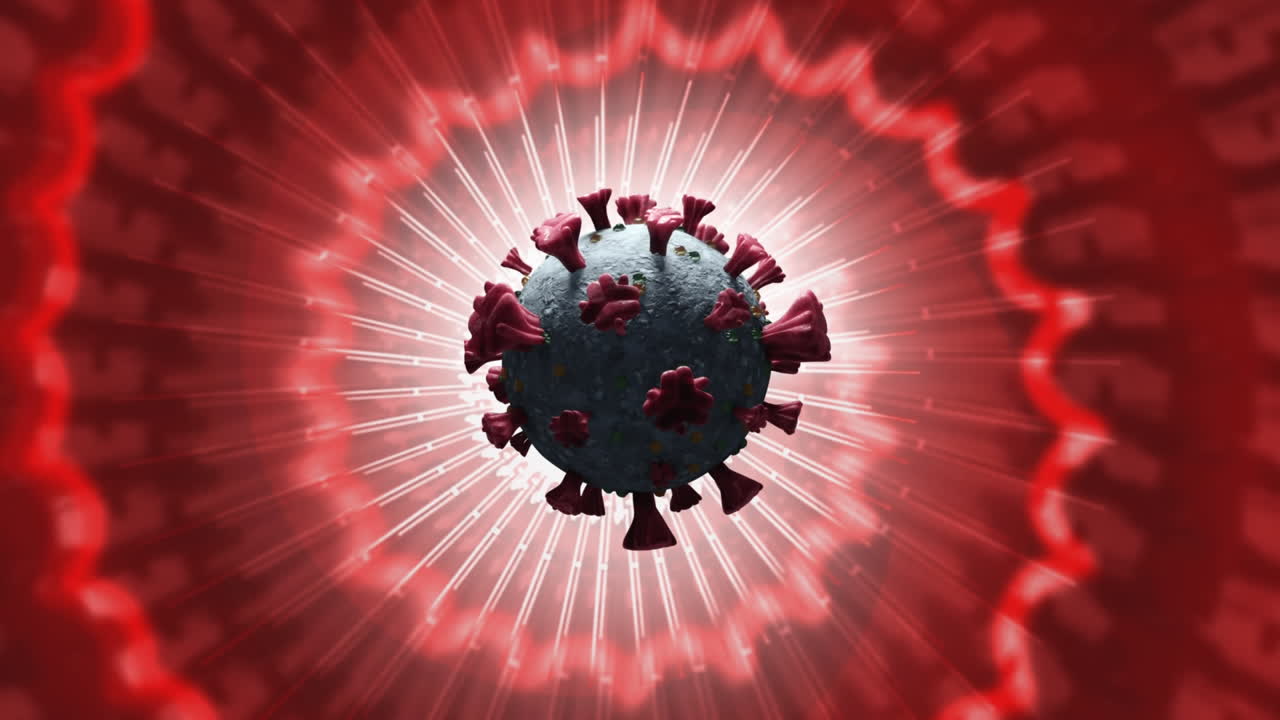 Animation of covid 19 cell spinning over spinning red circles in background