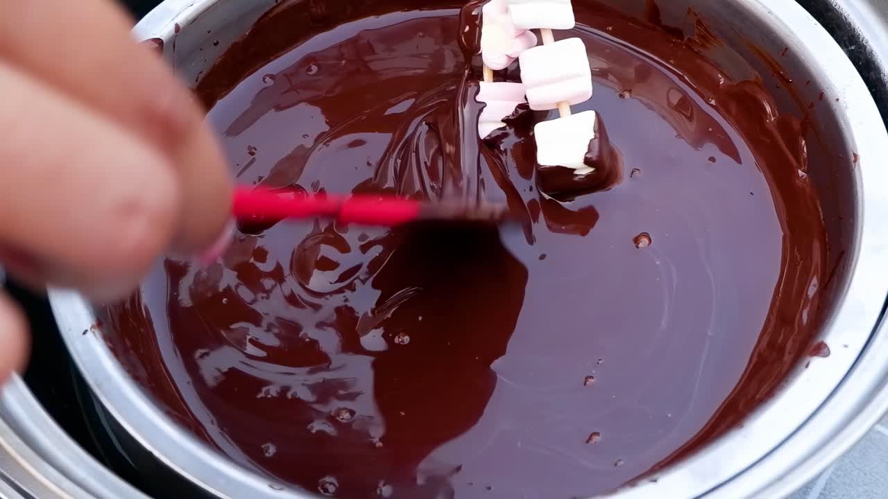 A hand stirs melted chocolate while marshmallows are dipped using skewers.