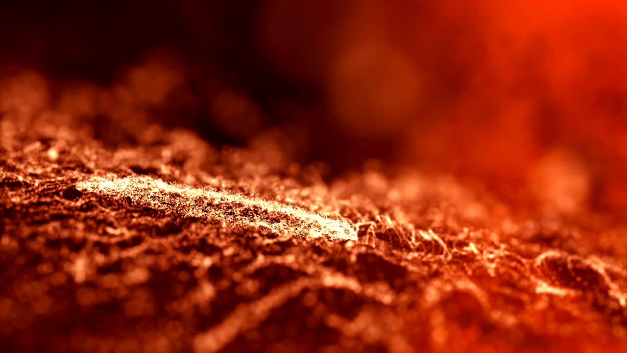 광장 깊이를 가진 추상적인 연기 파동 빛나는 입자, 디지털 반이는 금 입자, bokeh 및 빛 효과.