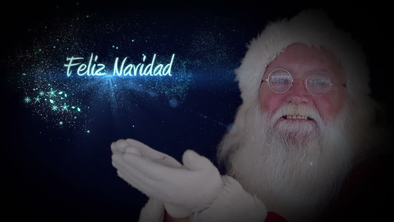 santa soplando brillo formando el saludo de navidad
