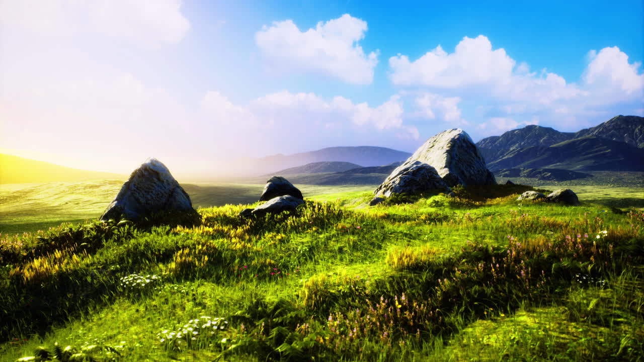 Beautiful landscape with rocky formations and vibrant greenery at sunset
