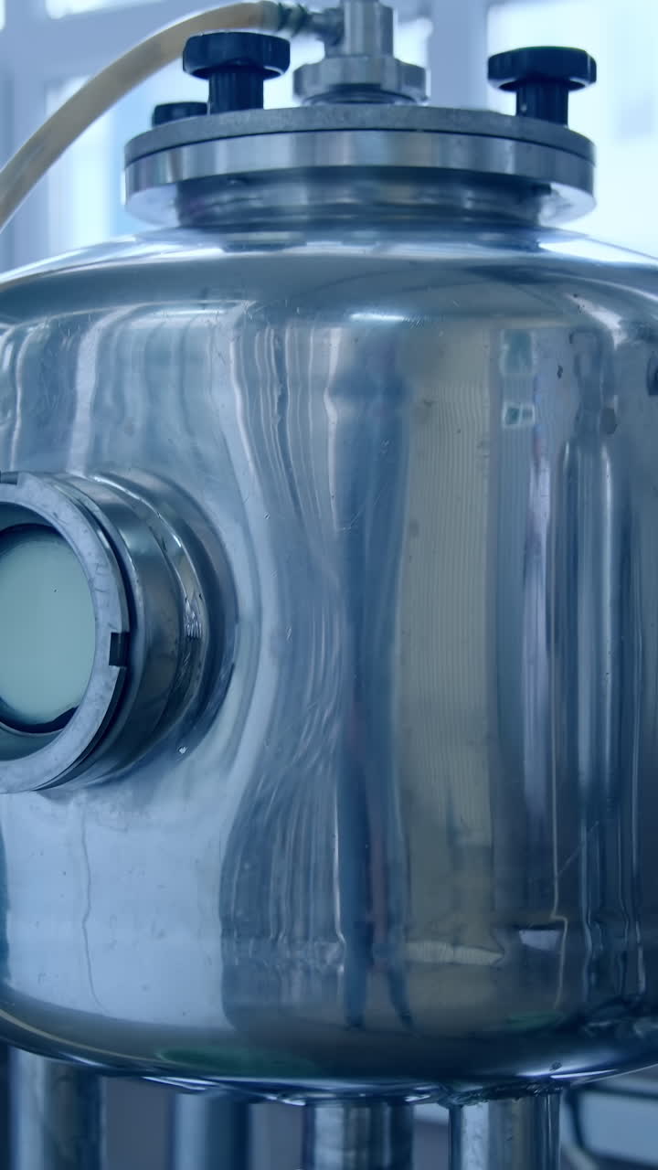 Milk producing stainless factory technology. Steel industry factory for making cheese. Vertical video
