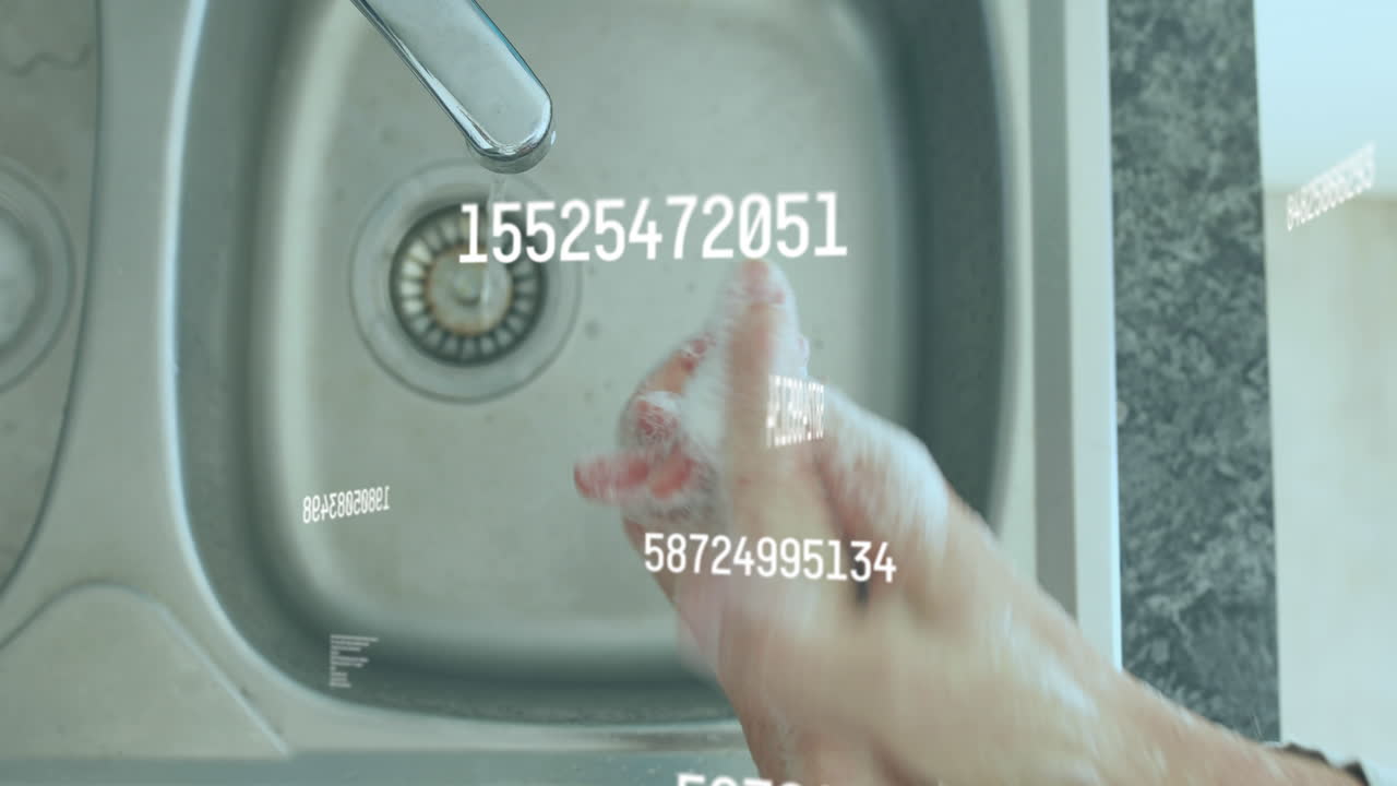 Digital composition of multiple changing numbers floating against person washing hands in the sink