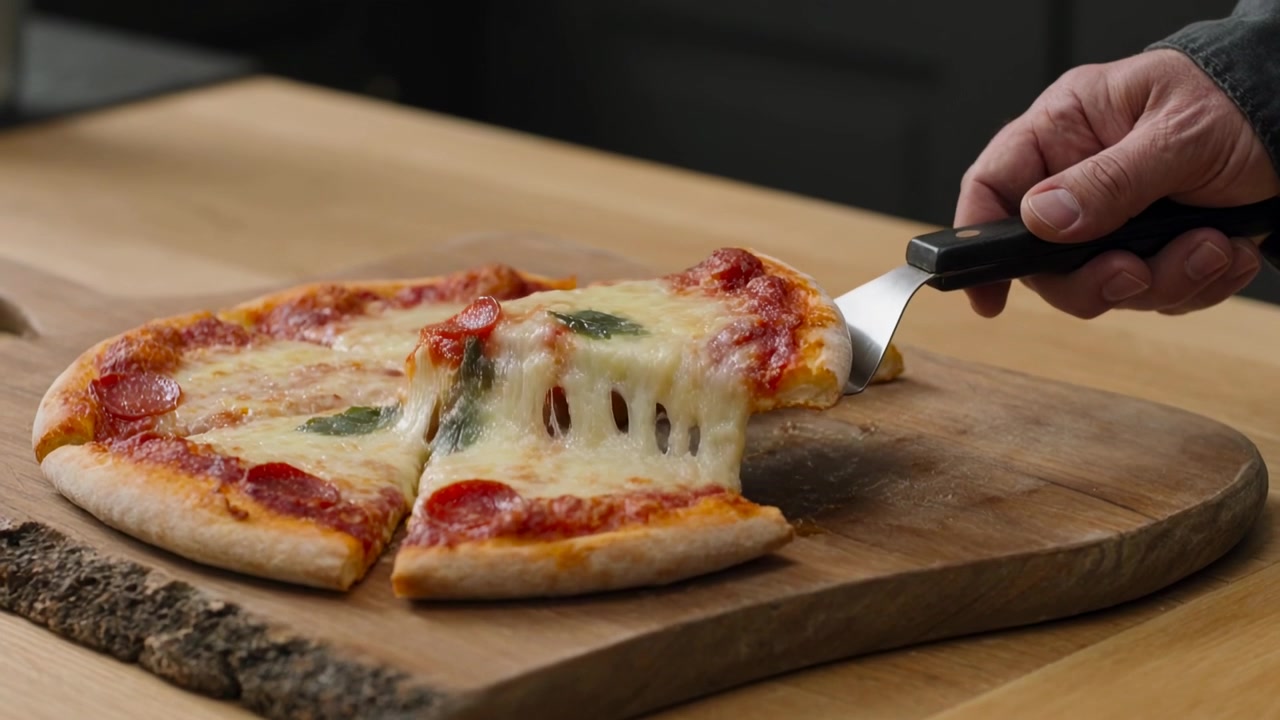 Mano con manica scura che guida una spatola sotto una fetta di pizza sul bancone per servire, tirando il formaggio.