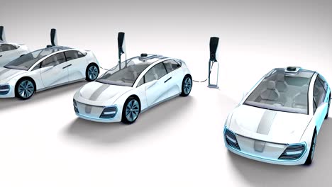 electric autonomous cars charging in charging stations. 3d animation.