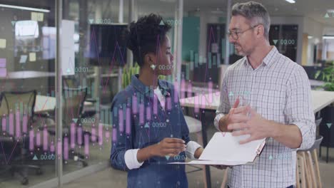 animation of financial data processing over diverse business people in office