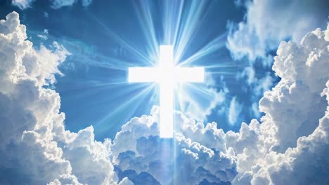 a glowing cross in the sky surrounded by clouds, captured from a low-angle
