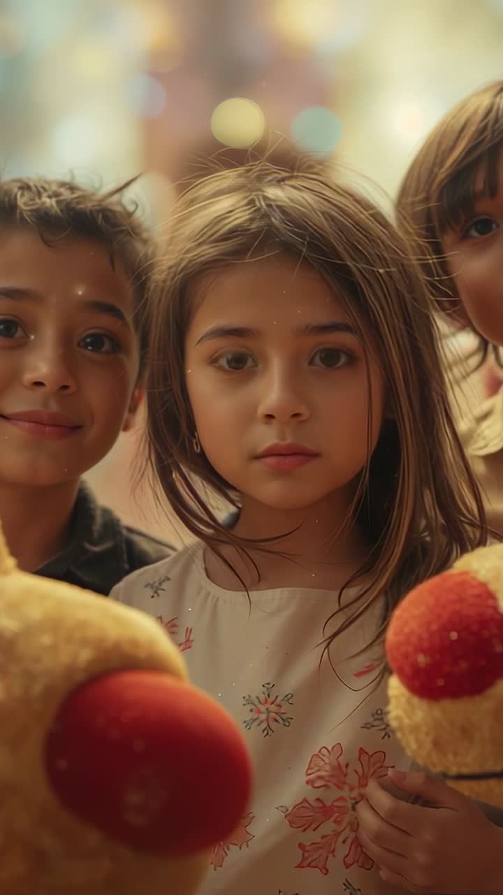 Video verticale: si sente la fotocamera che si avvia, ragazza al centro con vestito a fiori che posa con peluche per la fotocamera