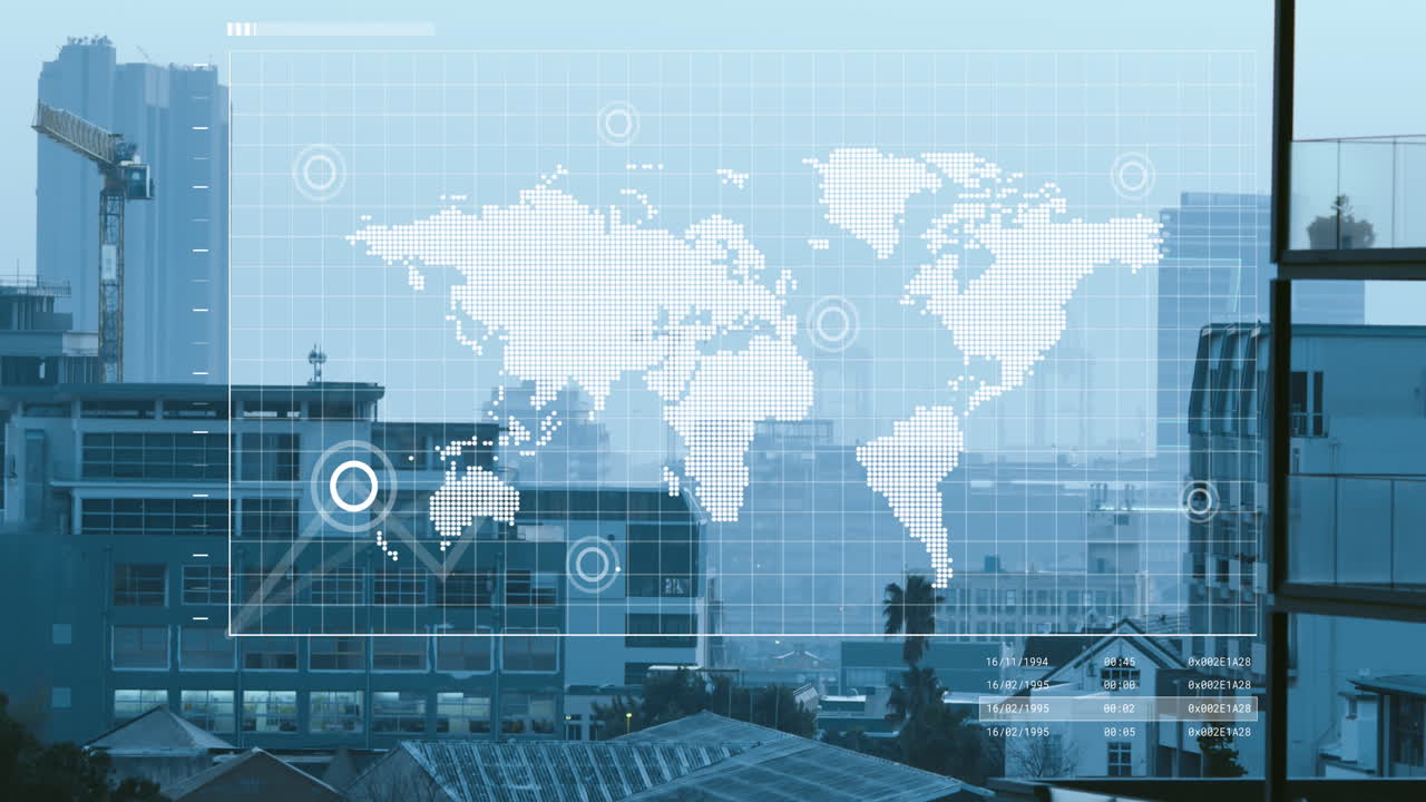 animación del mapa del mundo y procesamiento de datos financieros sobre el paisaje urbano