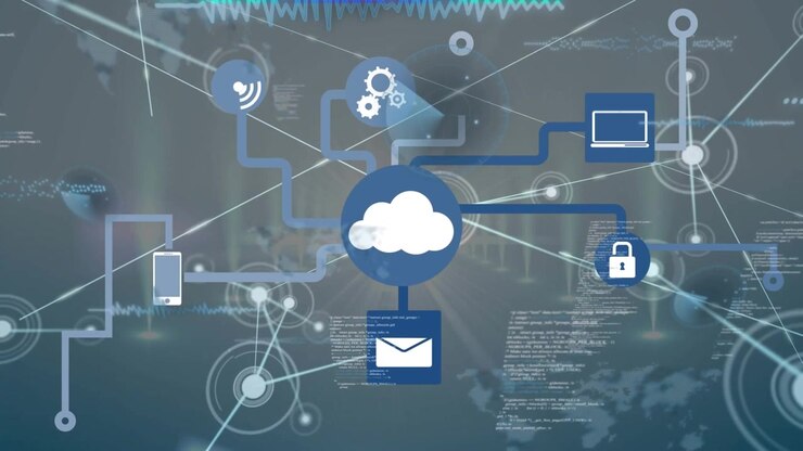 Animation of network of connections with icons and data processing over clouds