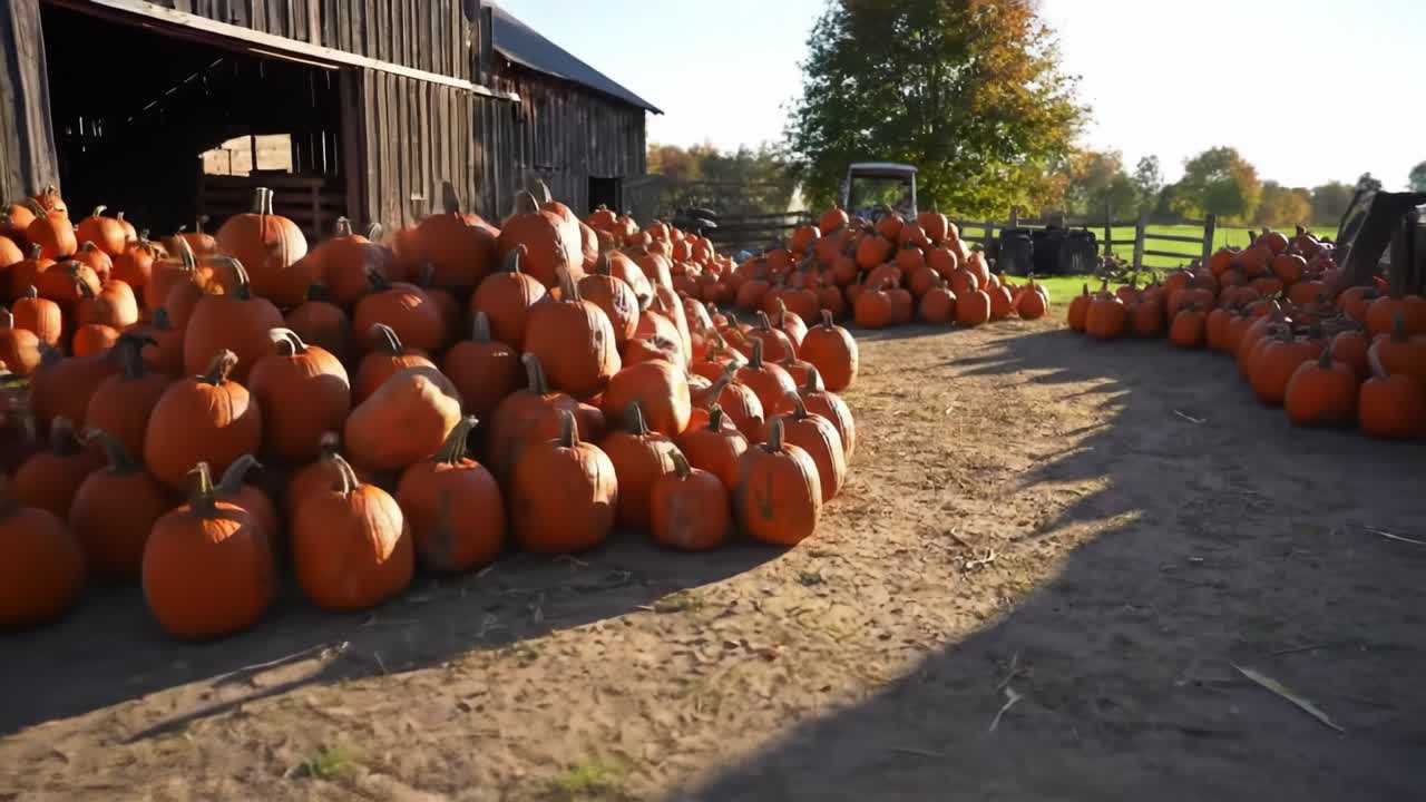A Vibrant Harvest of Pumpkins Piled High in a Rustic Farmyard Setting, Showcasing Nature's Bounty and the Beauty of Autumn's Seasonal Produce