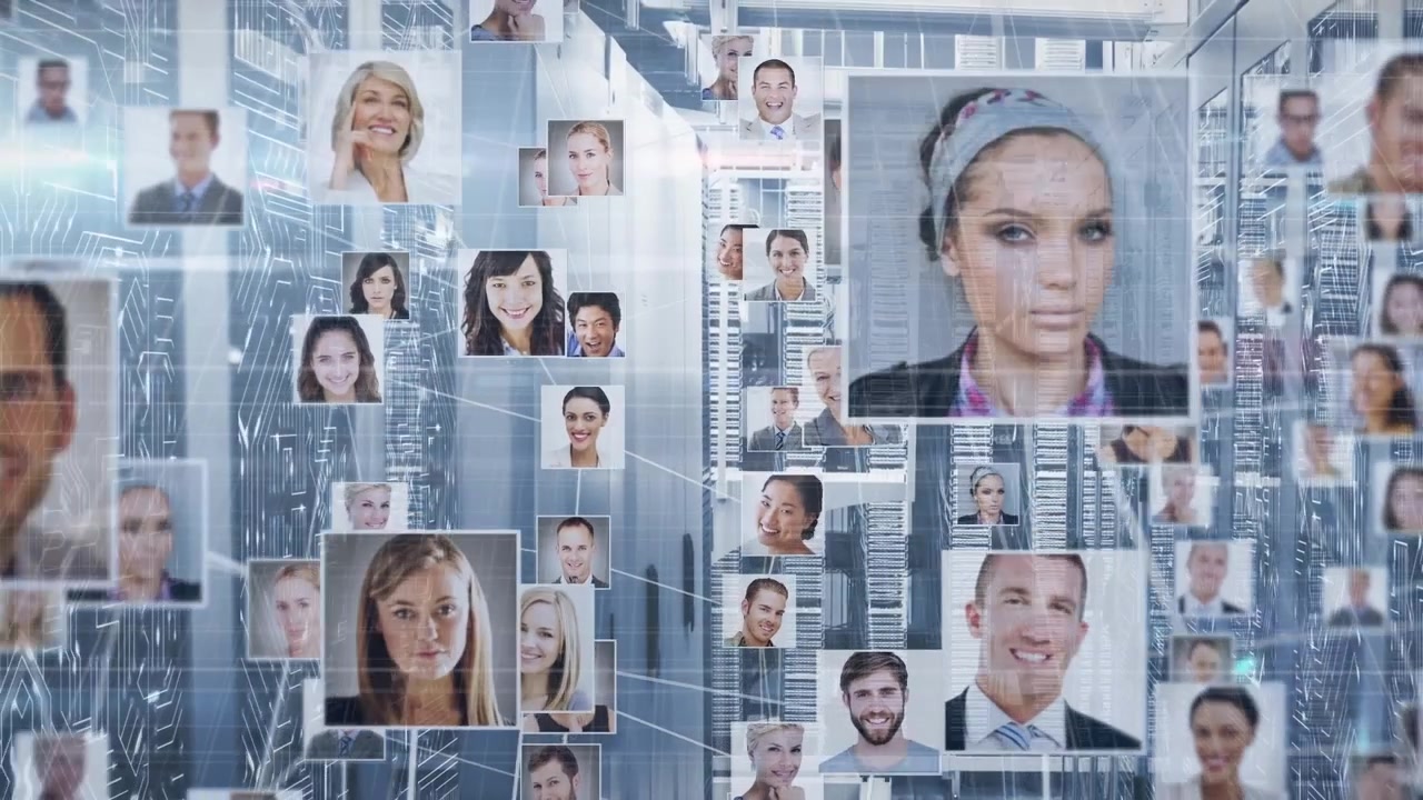 Animation of user photos floating over servers