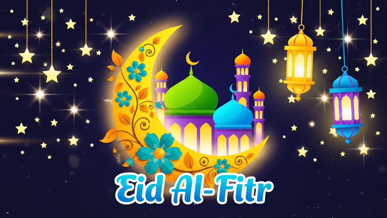 Celebrazione di Eid al-Fitr con animazione di moschea e luna crescente
