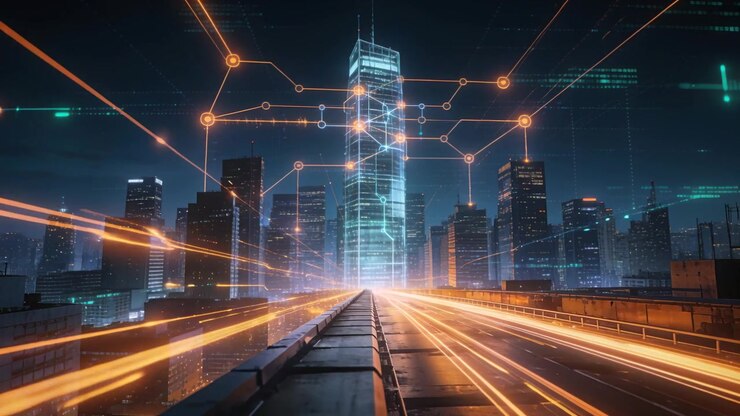 Glowing orange trails drawing eye toward glass tower and roof road, network forming, lighting base