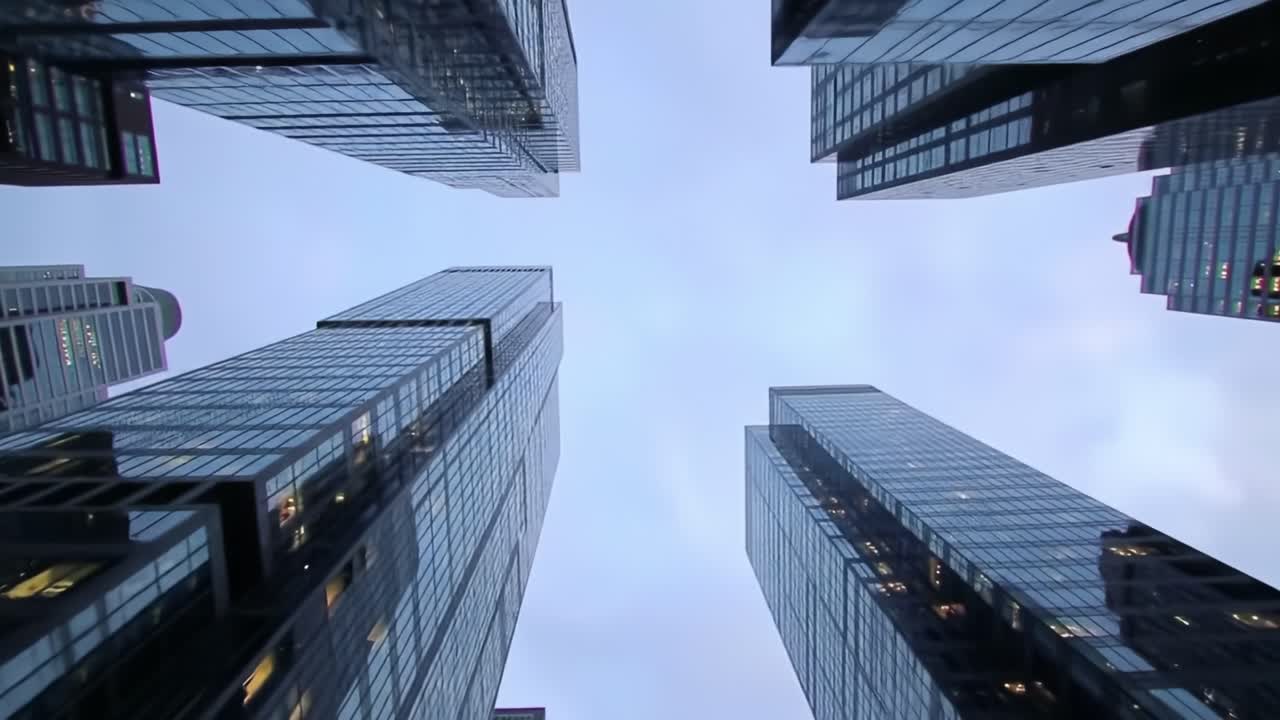 A Captivating Perspective of Urban Skyscrapers: Gazing Upward Amidst the Gleaming Facades and Architectural Wonders of Modern High-Rise Buildings