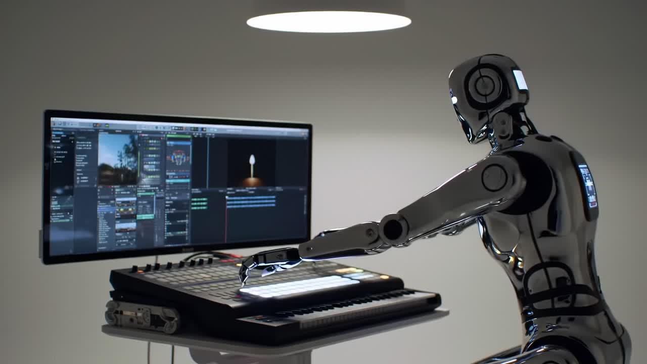 A robotic assistant works diligently at a sleek workstation, utilizing advanced technology to create multimedia content.