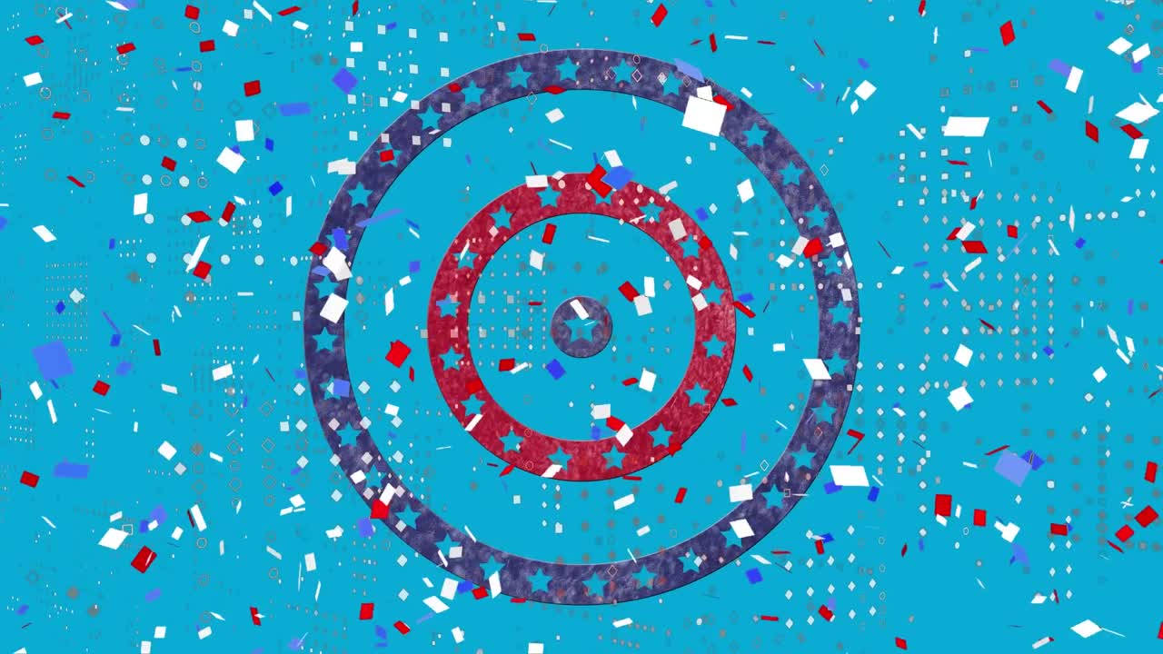 푸른 배경 에 회전 하는 원 에 있는 별 들 에 대한 독립 의 날 문자 에 떨어지는 콘페티