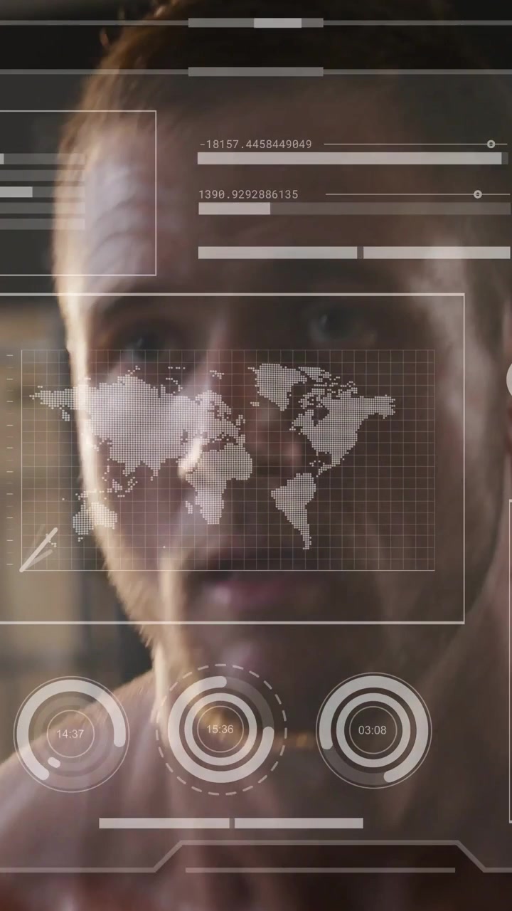 Vertical video: Shirtless man swiping HUD, animating line charts and dials, monitoring analytics