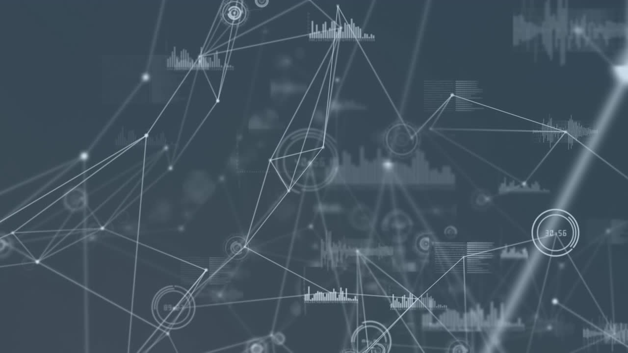 Animation of network of connections with data processing on grey background